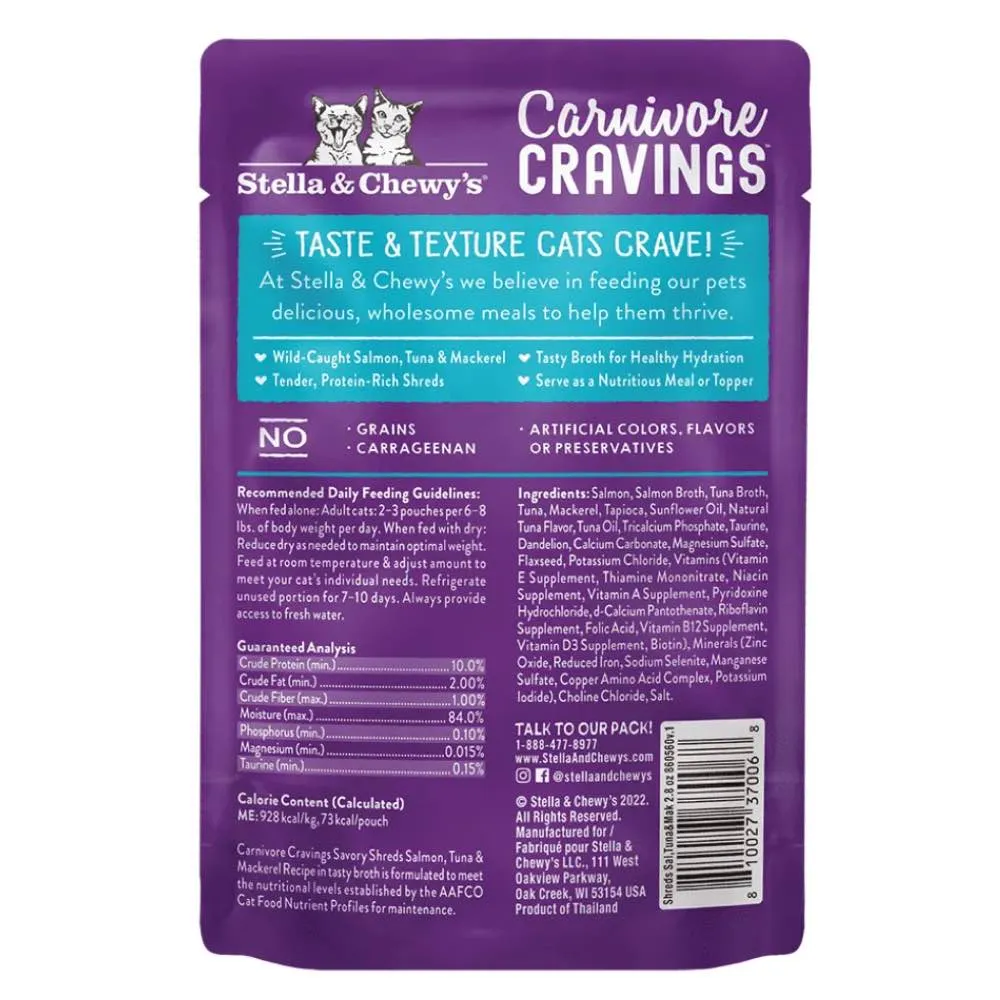 4 FOR $13.60: Stella & Chewy's Carnivore Cravings Savory Shreds Salmon, Tuna & Mackerel In Broth Grain-Free Pouch Cat Food 2.8oz