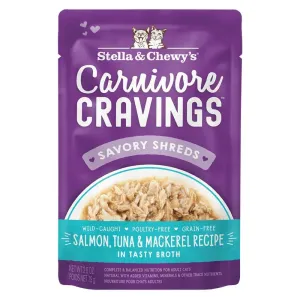 4 FOR $13.60: Stella & Chewy's Carnivore Cravings Savory Shreds Salmon, Tuna & Mackerel In Broth Grain-Free Pouch Cat Food 2.8oz