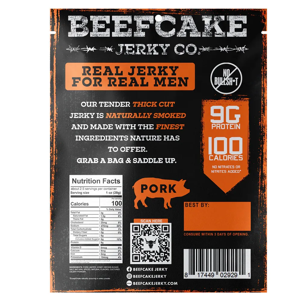 Beefcake Jerky Co Pork Honey BBQ Jerky 2.7oz 9g Protein 100 Calories BC003