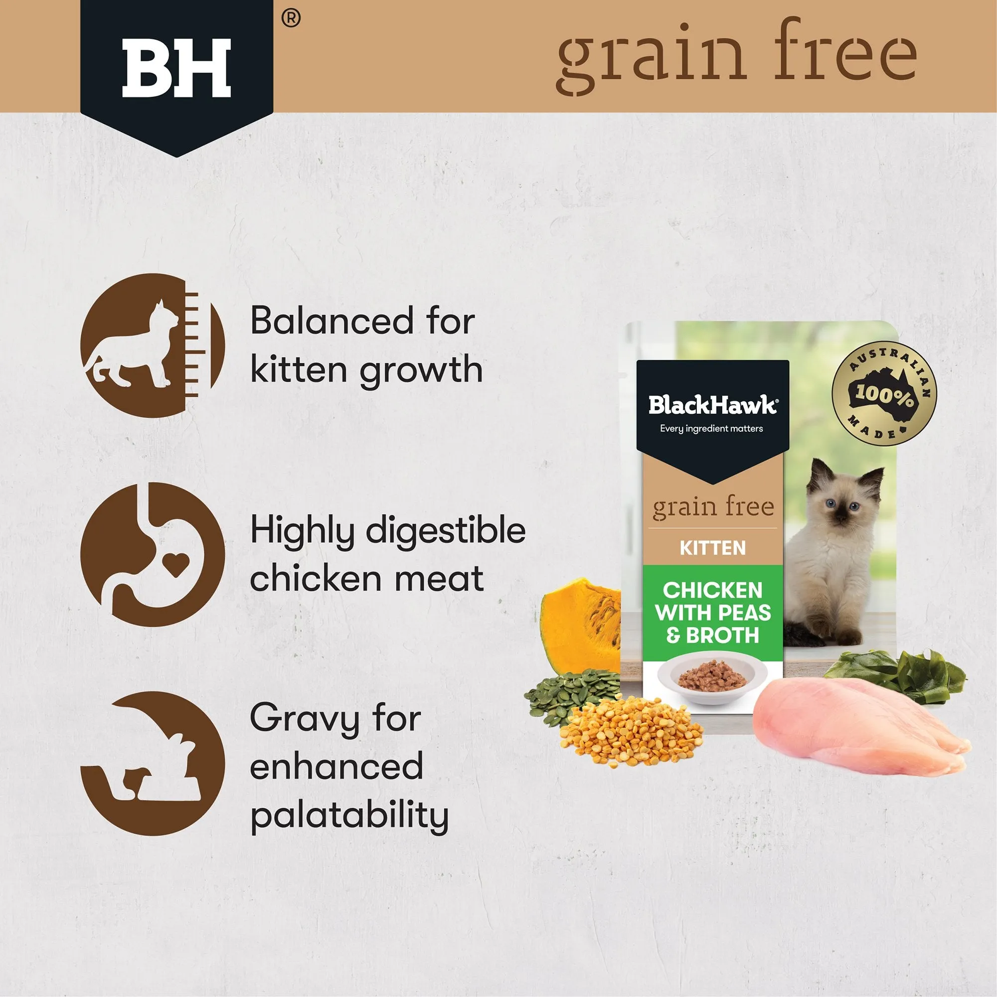 Black Hawk Grain Free Chicken with Peas and Broth Kitten Wet Cat Food 85g x 12***