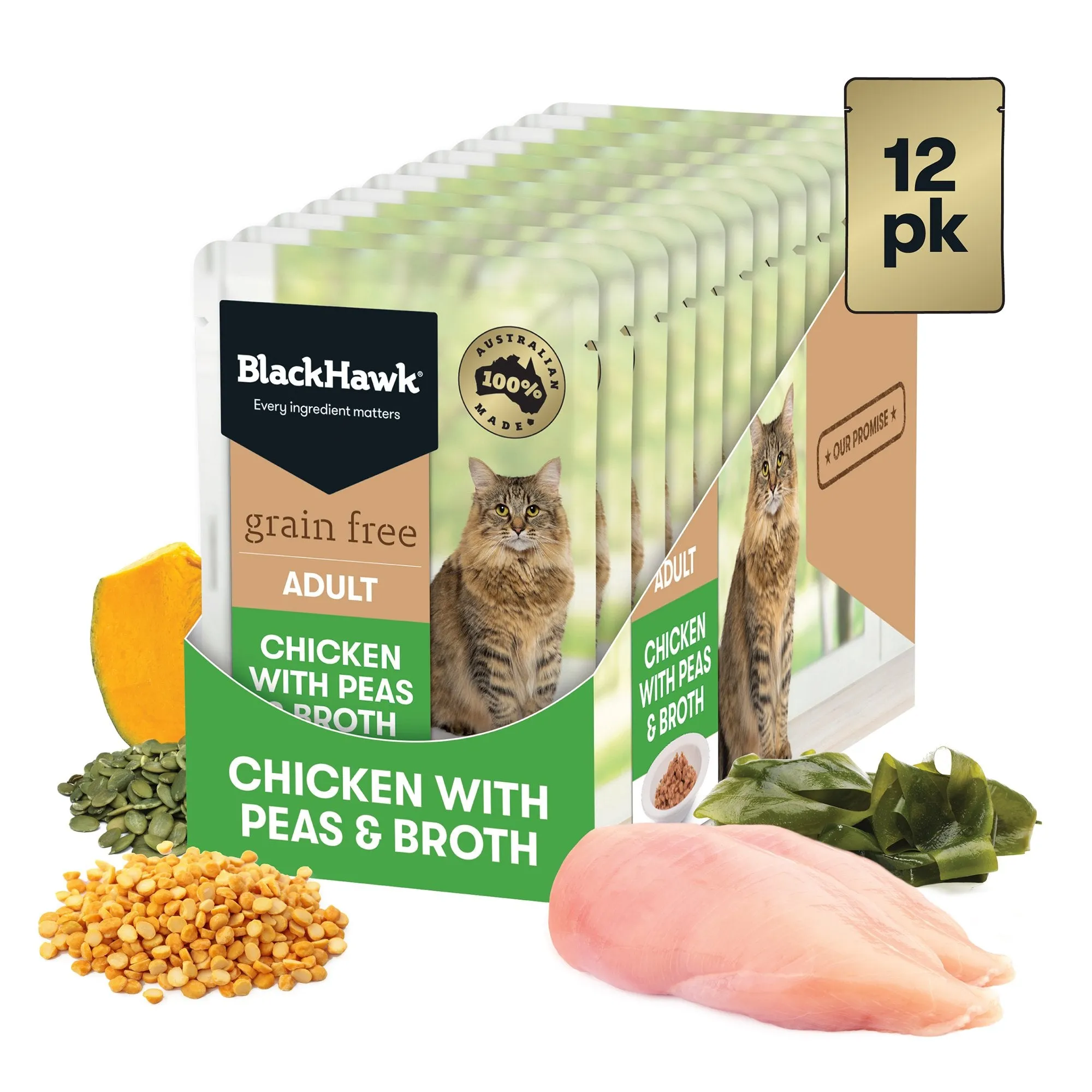 Black Hawk Grain Free Chicken with Peas and Broth Wet Cat Food 85g x 12***