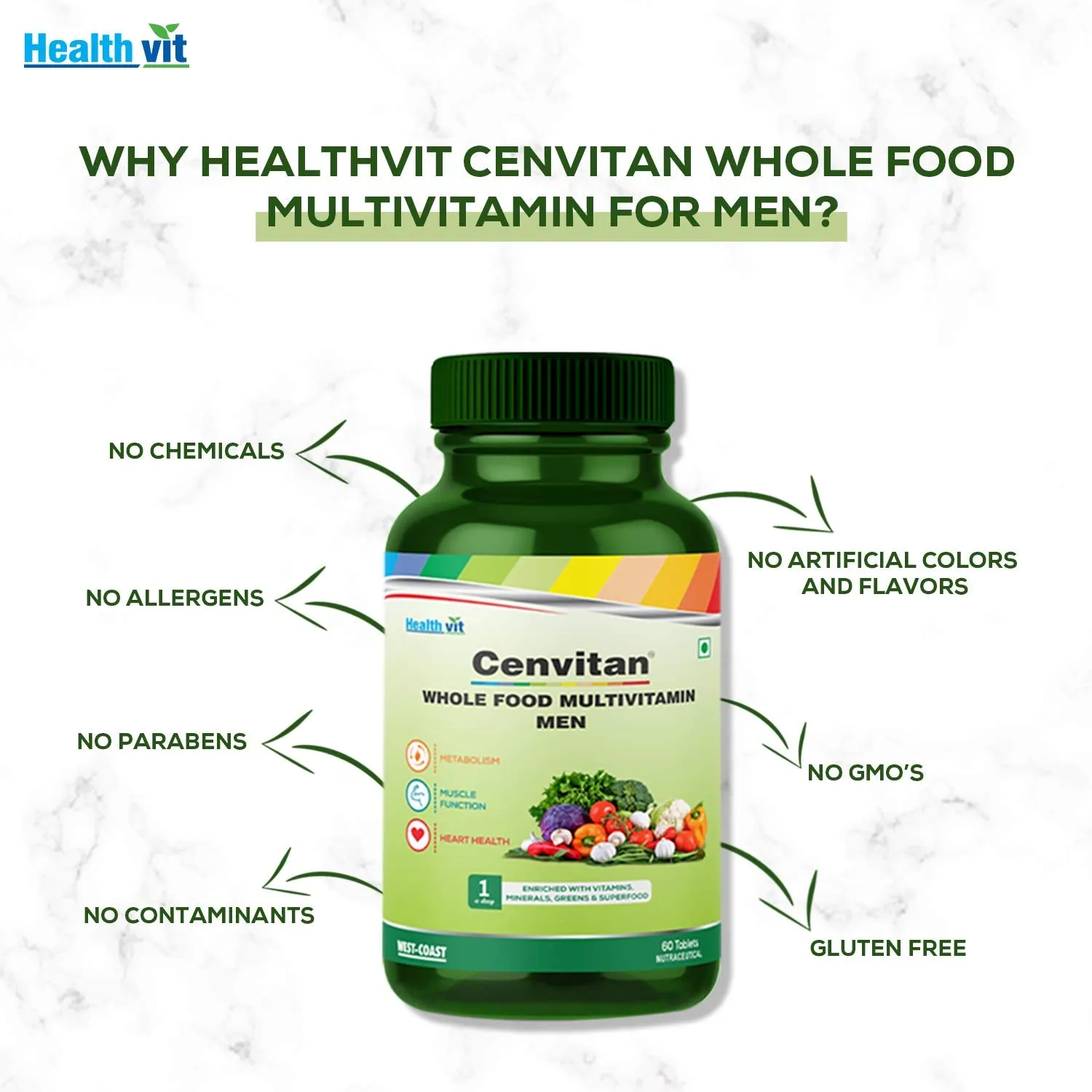 Healthvit Cenvitan Plant Based Whole Food Multivitamin for Men | Enriched with Vitamins Minerals Greens, Vegetables, Superfood, Fruits & Herbs Supplement For Immunity – 60 Tablets (Pack of 2)