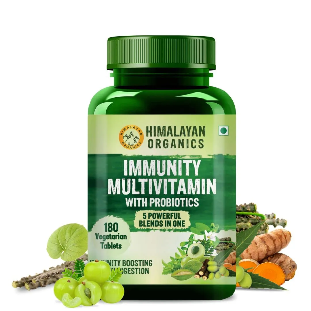 Himalayan Organics Immunity Multivitamin With Probiotics | B1,B2,B3,B5,B6,B12,A,E,k,D3,Zinc, Giloy, Calcium | Boost Energy | Good For Bone, Joints, Hair & Skin -180 Veg Tablets