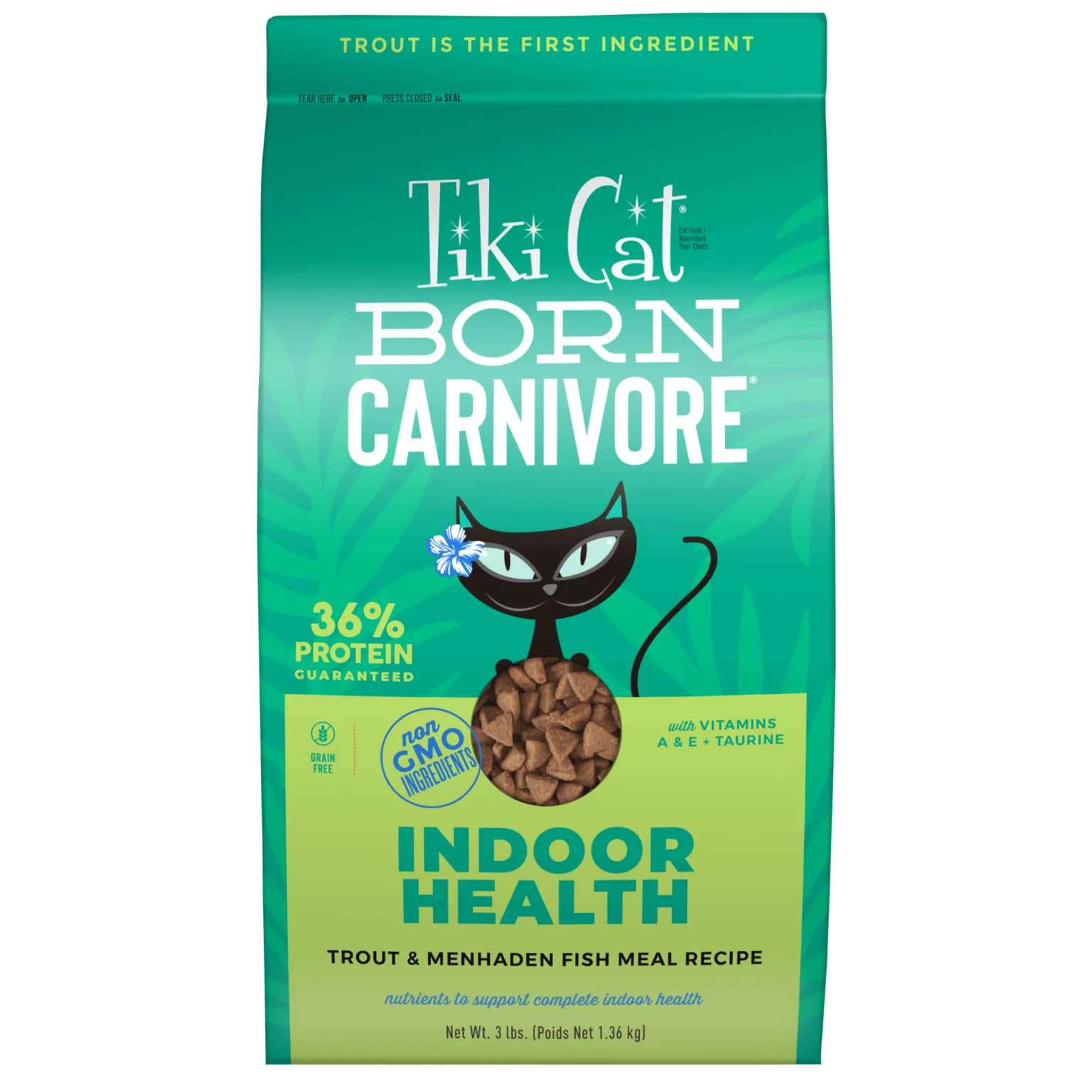 Tiki Cat Born Carnivore® Indoor Health: Trout & Menhaden Fish Meal Recipe 3-lb, Dry Cat Food