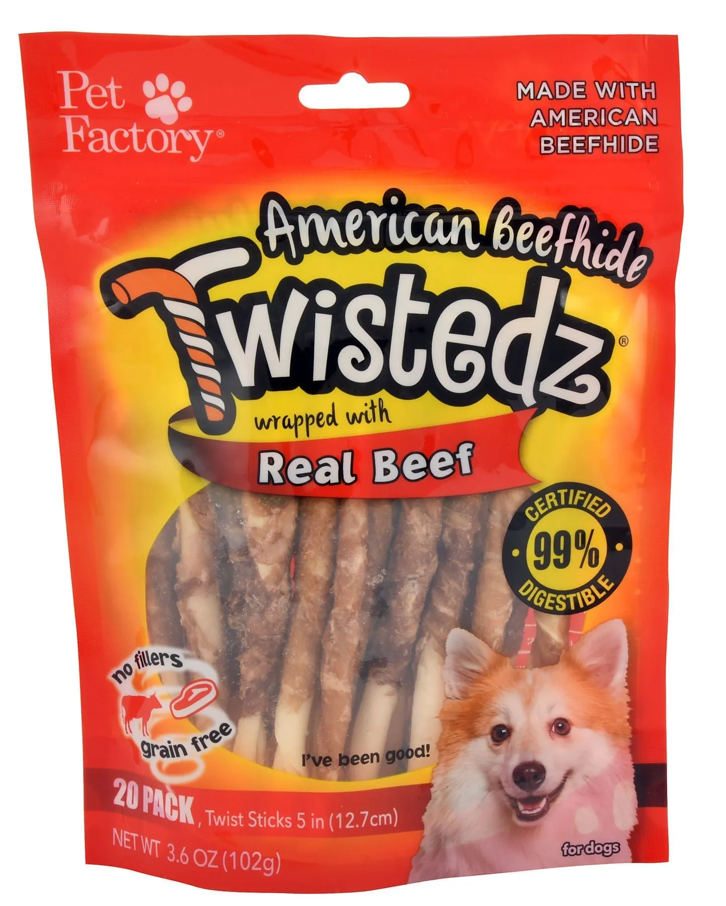 Twistedz 5" Beefhide Twist Sticks Wrapped with Real Meat, 20-pk